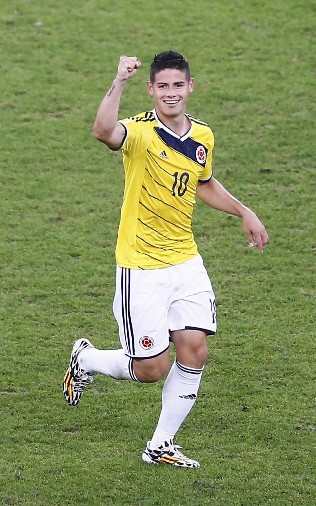 Colombia's Rodriguez celebrates scoring his second goal against Uruguay during their 2014 World Cup round of 16 game at the Maracana stadium in Rio de Janeiro